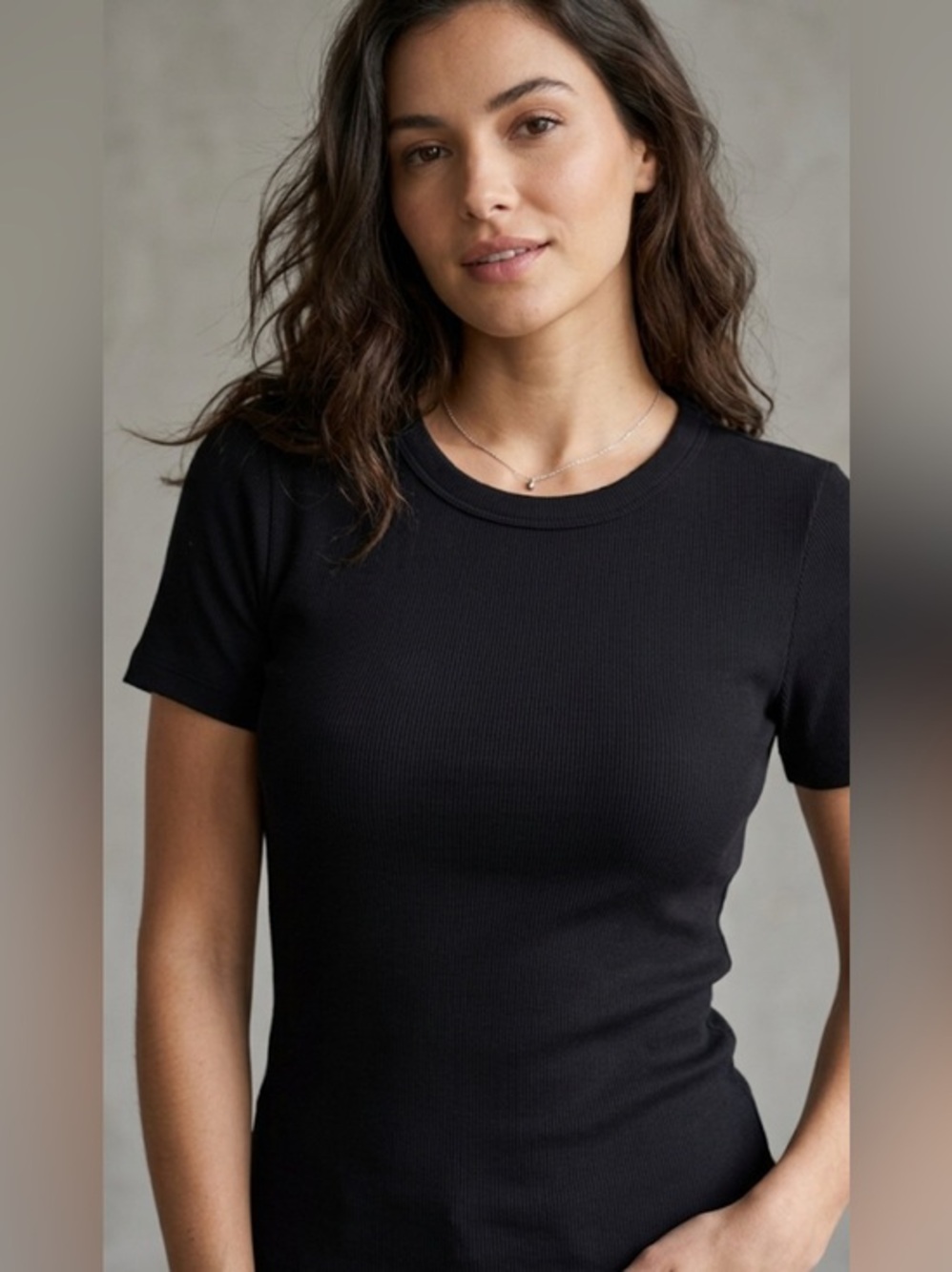 Classic Black Ribbed Short-Sleeve Women's Cotton Top NWOT